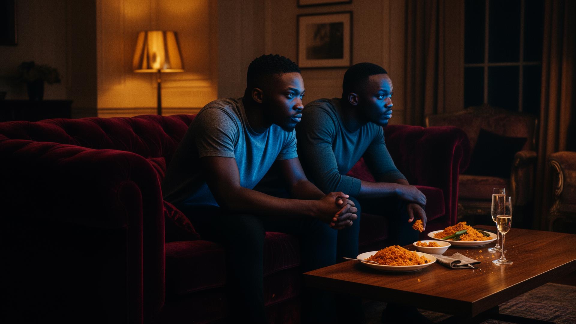 Two friends on the edge of the sofa watching a match in a warm living room