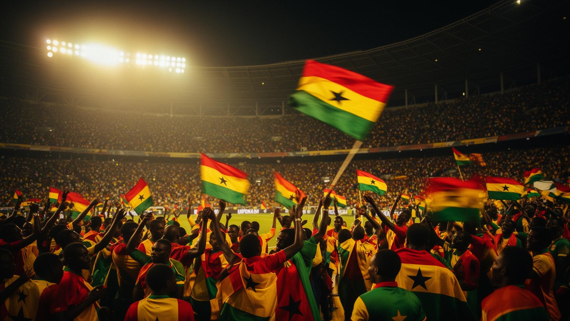 Ghanaian fans dancing in a packed stadium under floodlights