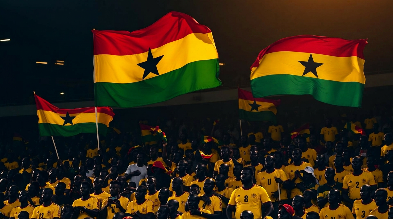 Ghana Black Stars fans waving flags in stadium